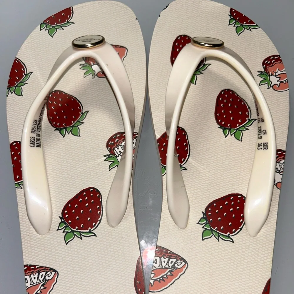 Coach White Strawberry Print Flip Flops